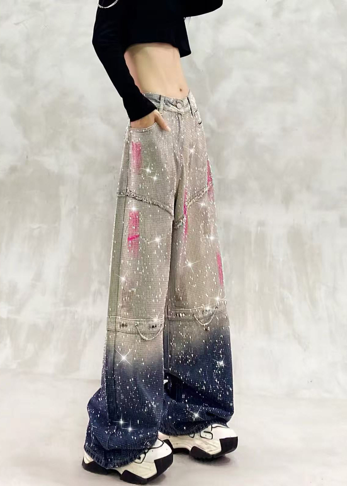 Women Gradient Grey Blue Full Rhinestone High Waist Denim Wide Leg Pants Fall