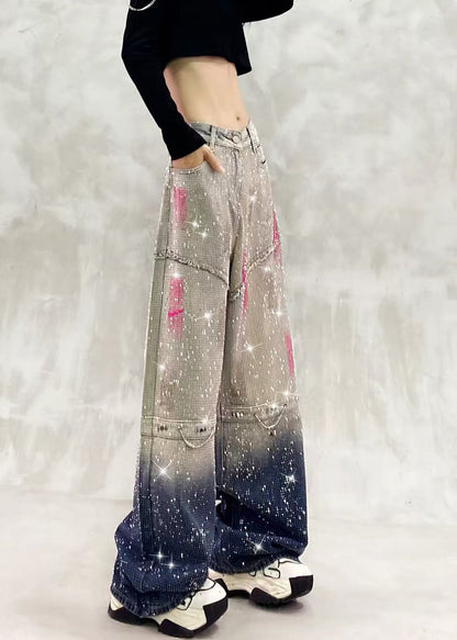 Women Gradient Grey Blue Full Rhinestone High Waist Denim Wide Leg Pants Fall