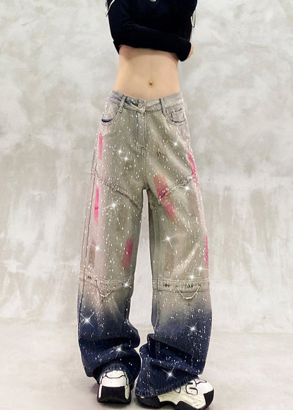 Women Gradient Grey Blue Full Rhinestone High Waist Denim Wide Leg Pants Fall