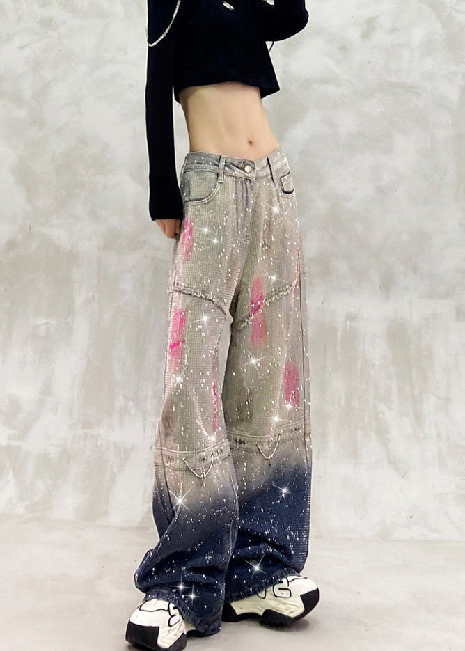 Women Gradient Grey Blue Full Rhinestone High Waist Denim Wide Leg Pants Fall