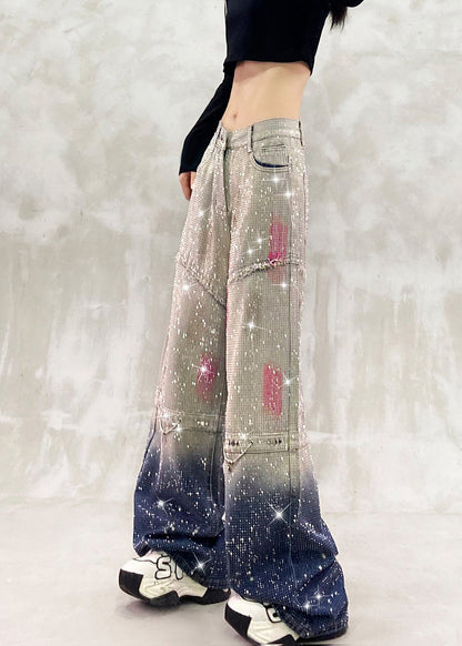 Women Gradient Grey Blue Full Rhinestone High Waist Denim Wide Leg Pants Fall