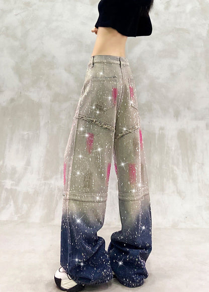 Women Gradient Grey Blue Full Rhinestone High Waist Denim Wide Leg Pants Fall