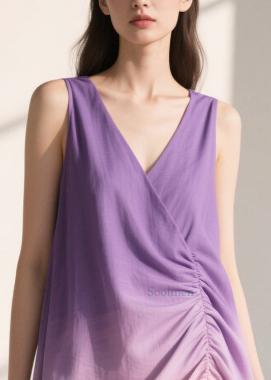 Women Gradient Purple Wrinkled Cotton Sun Dresses Summer