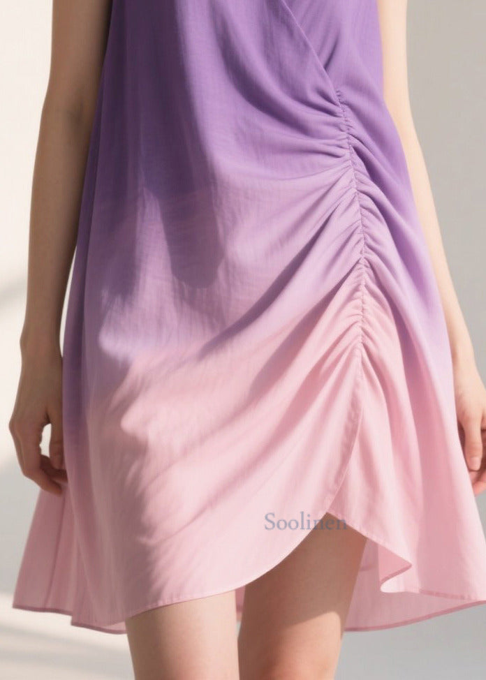 Women Gradient Purple Wrinkled Cotton Sun Dresses Summer