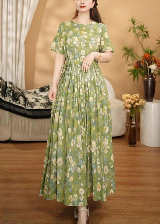 Women Grass Green Cinched Floral Print Cotton Ankle Dress Summer