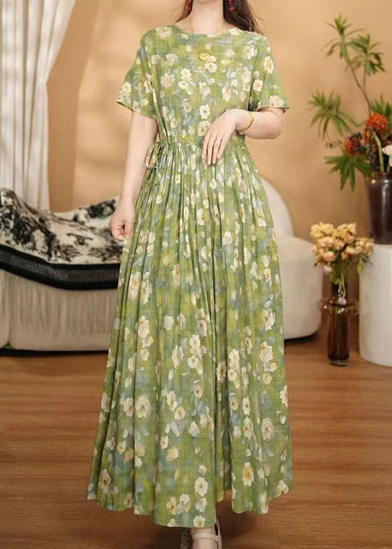 Women Grass Green Cinched Floral Print Cotton Ankle Dress Summer