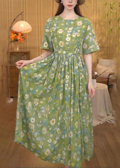 Women Grass Green Cinched Floral Print Cotton Ankle Dress Summer