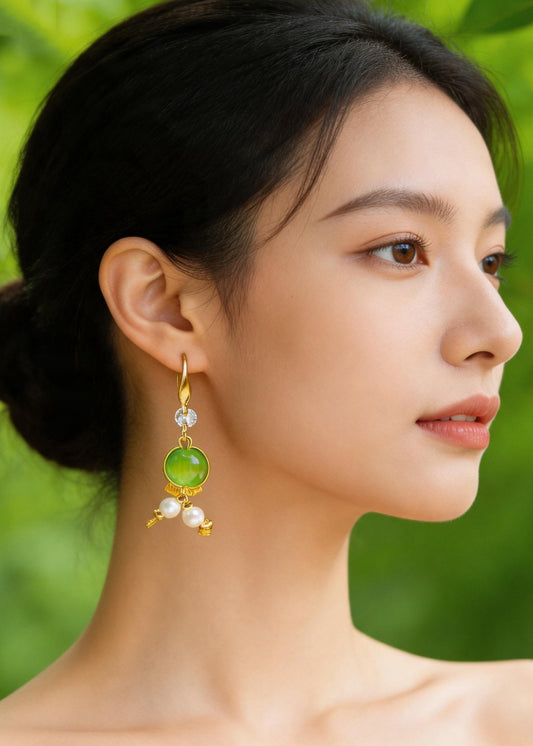 Women Grass Green Fine Crystal Original Design Drop Earrings