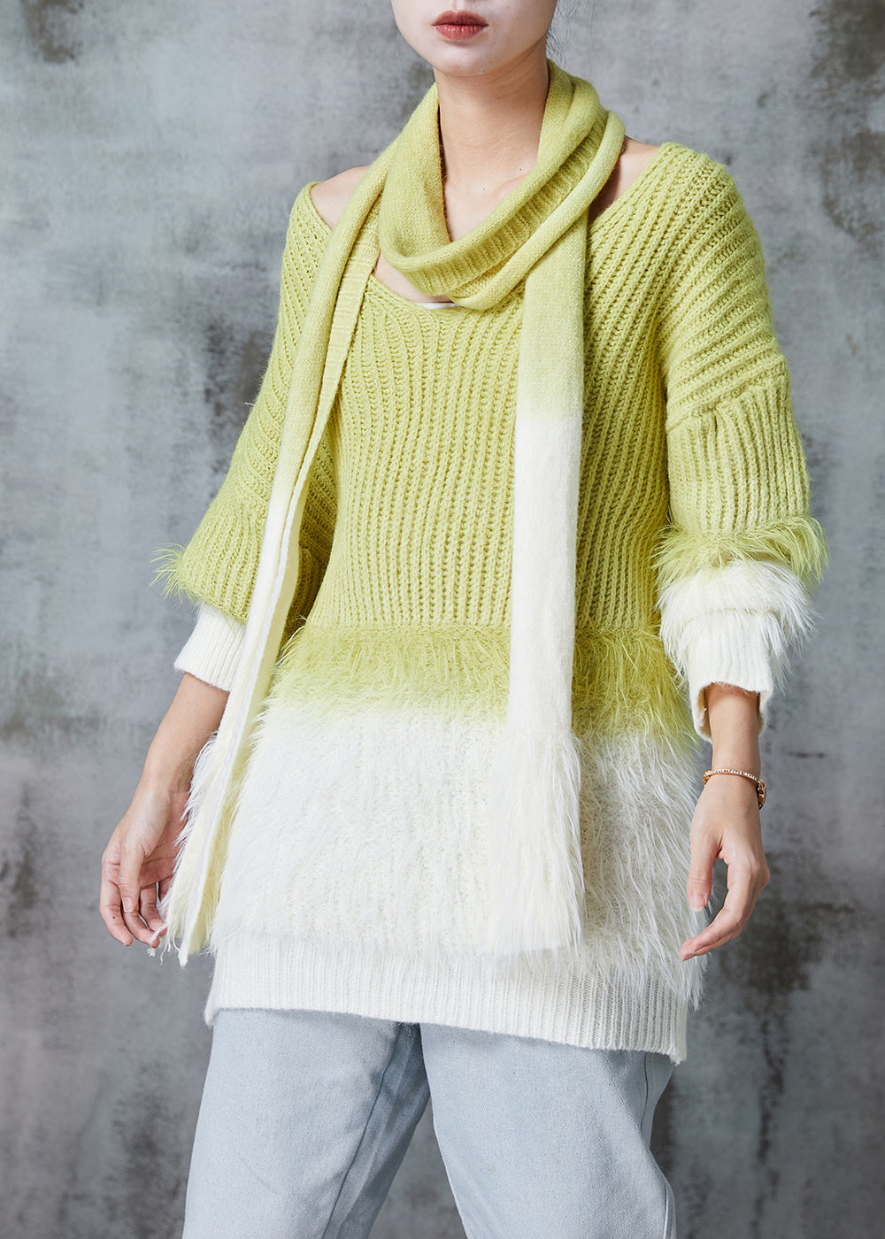 Women Grass Green Oversized Gradient Color Mink Velvet Knitted Sweaters Winter