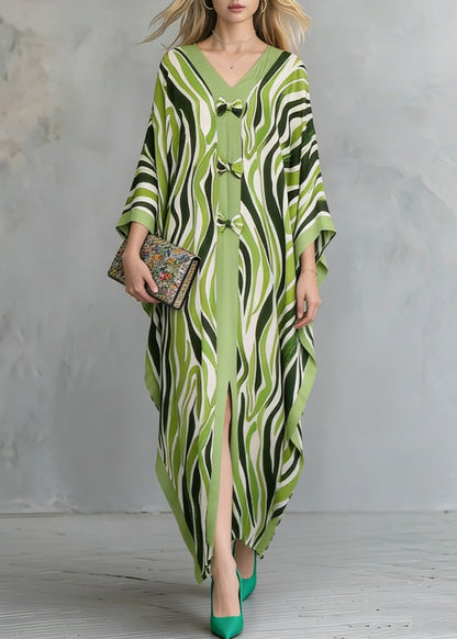 Women Grass Green Oversized Print Maxi Dresses Batwing Sleeve