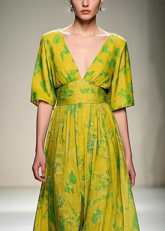 Women Grass Green V Neck Print Cotton Vacation Dresses Summer
