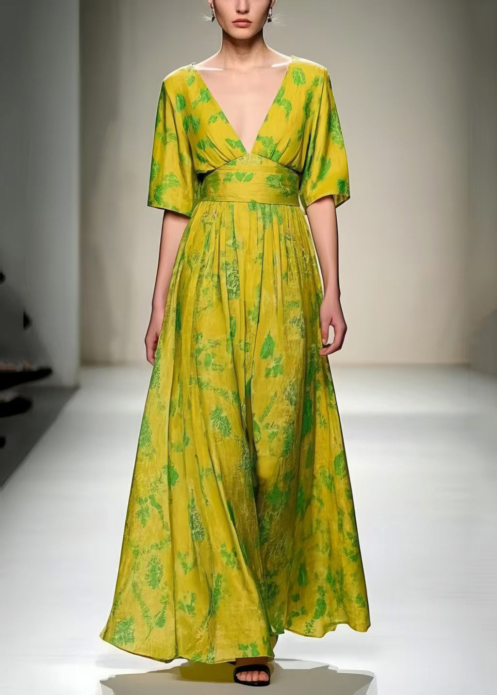 Women Grass Green V Neck Print Cotton Vacation Dresses Summer