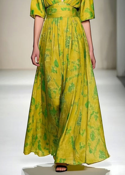 Women Grass Green V Neck Print Cotton Vacation Dresses Summer