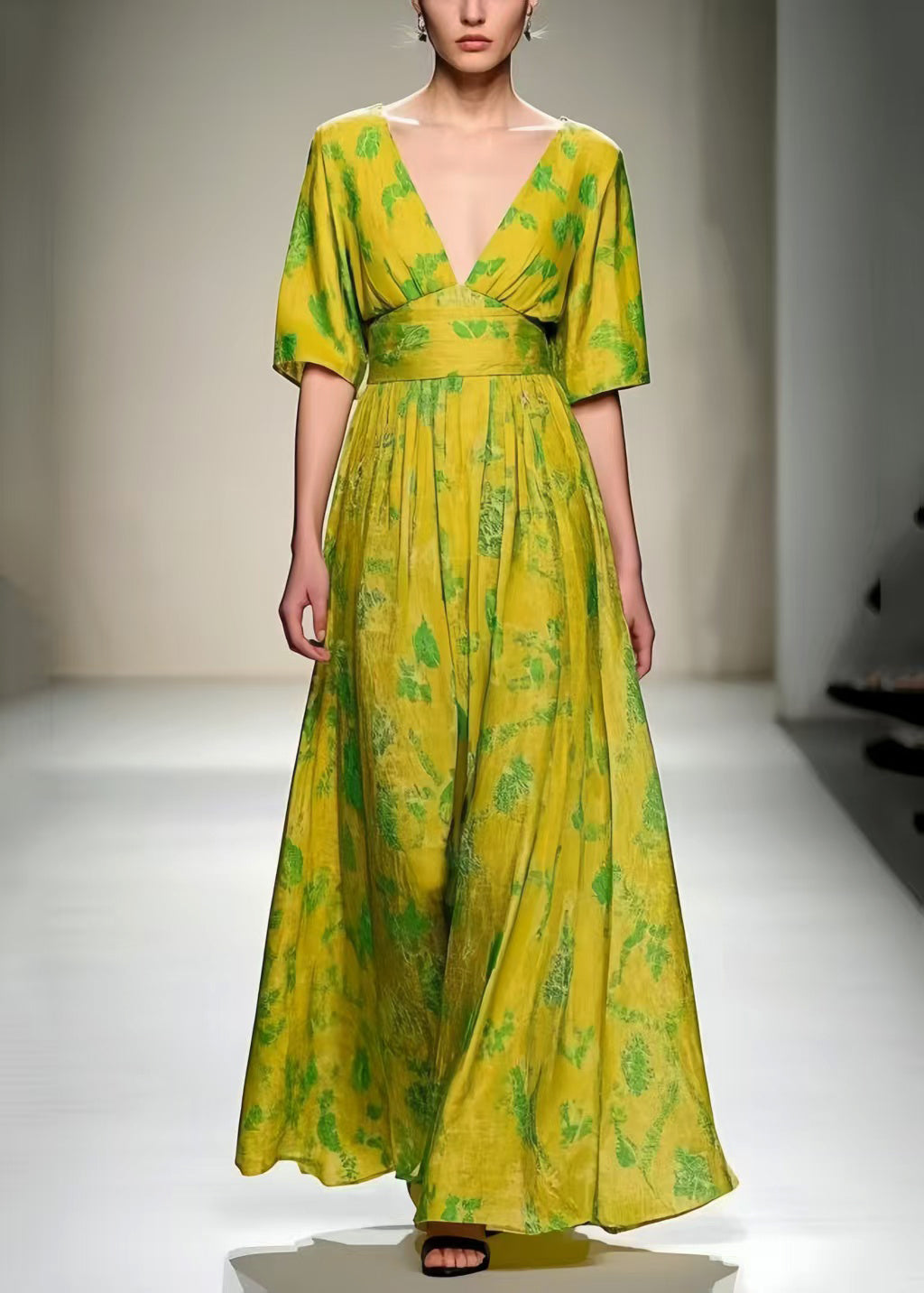 Women Grass Green V Neck Print Cotton Vacation Dresses Summer