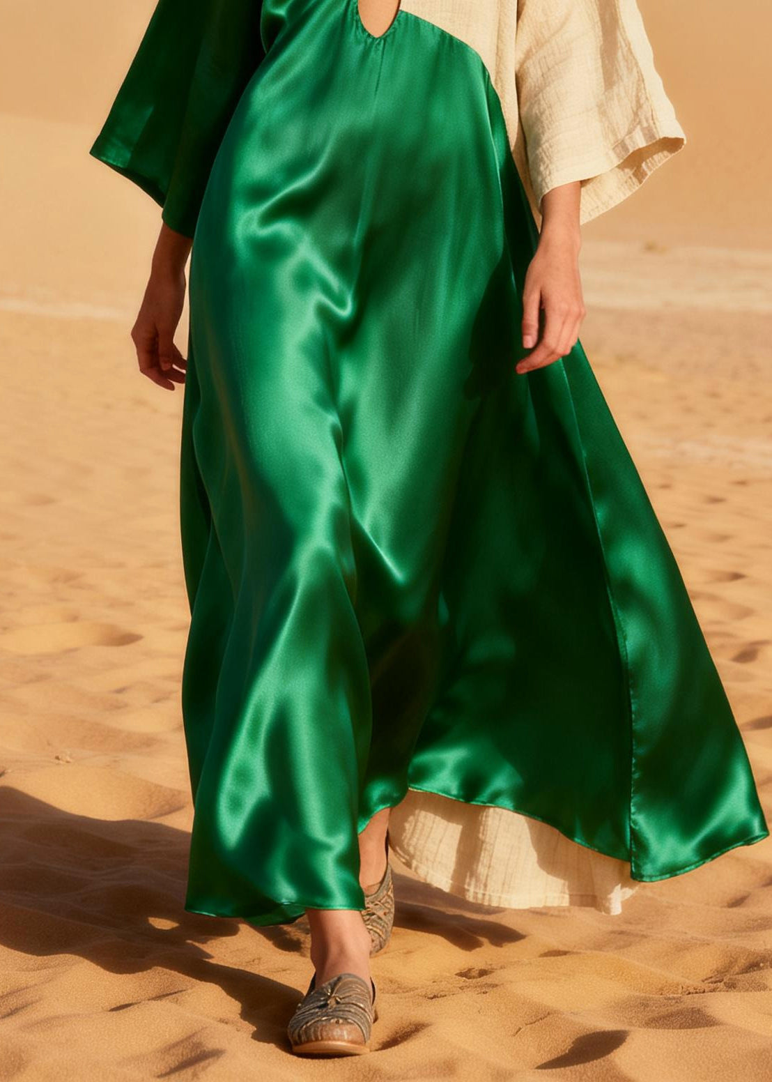 Women Green Asymmetrical Patchwork Bow Silk Maxi Dress Summer