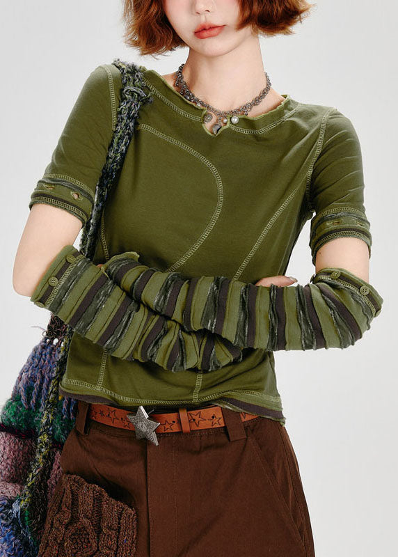 Women Green Asymmetrical Patchwork Cotton Shirt Fall