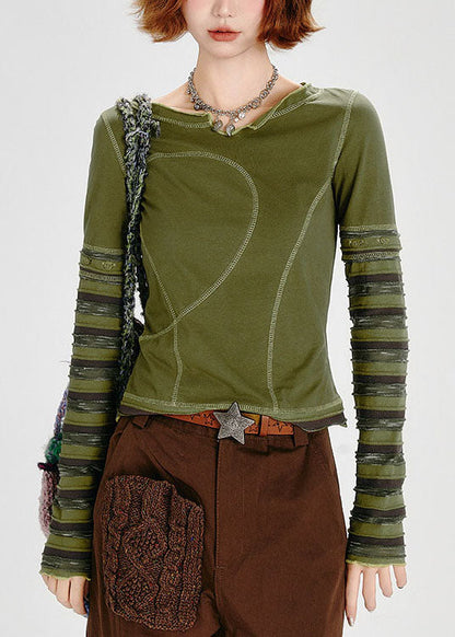 Women Green Asymmetrical Patchwork Cotton Shirt Fall