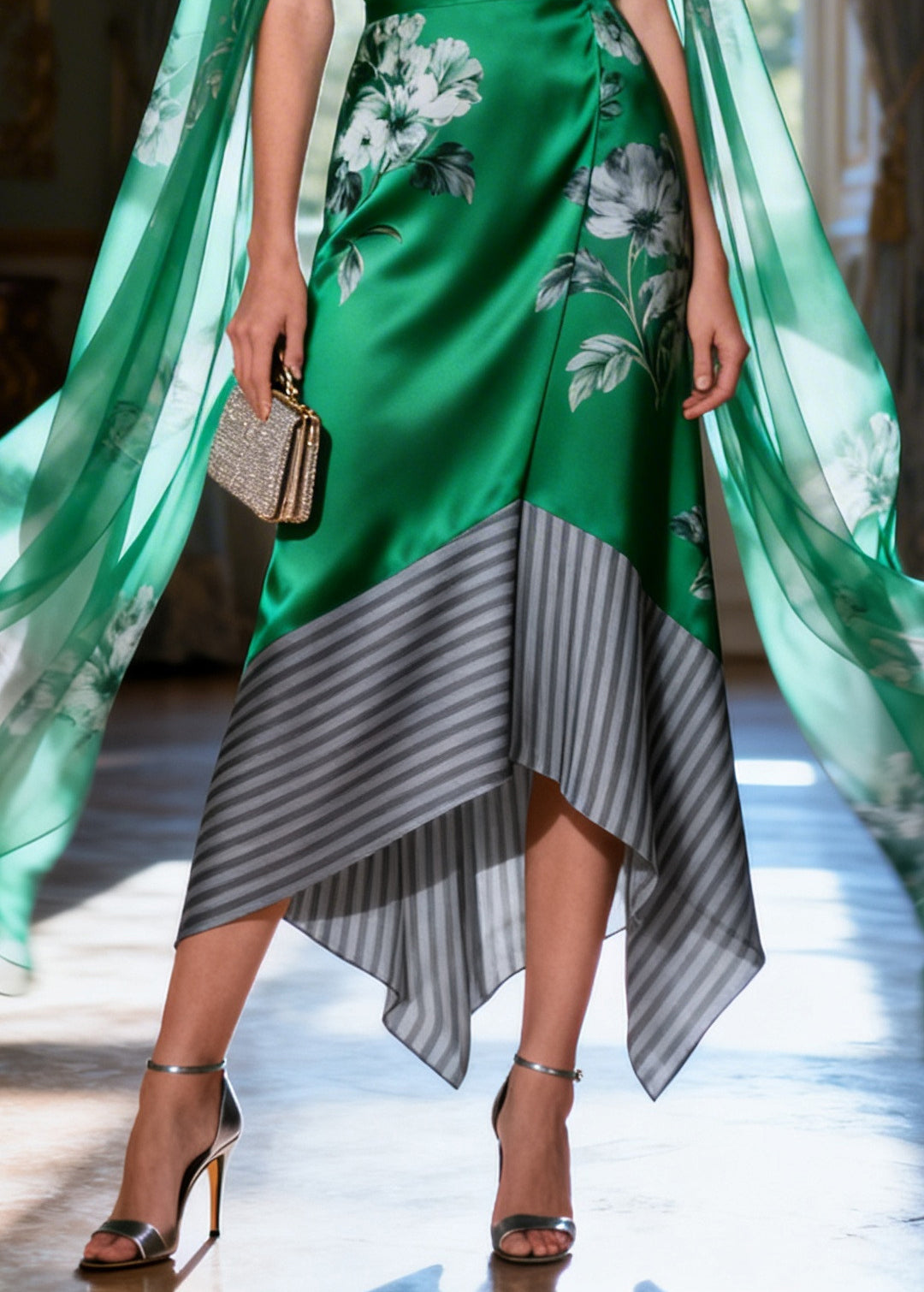 Women Green Asymmetrical Patchwork Silk Holiday Dress Cloak Sleeves