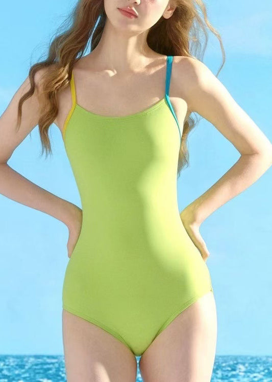 Women Green Backless Asymmetrical Design Swimwear Bodysuits