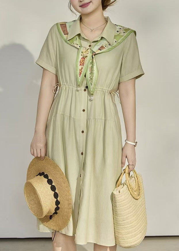 Women Green Cinched Cotton Long Dress Summer