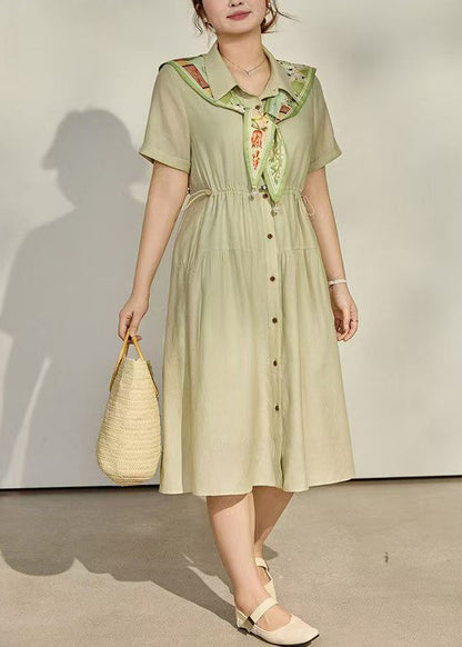 Women Green Cinched Cotton Long Dress Summer