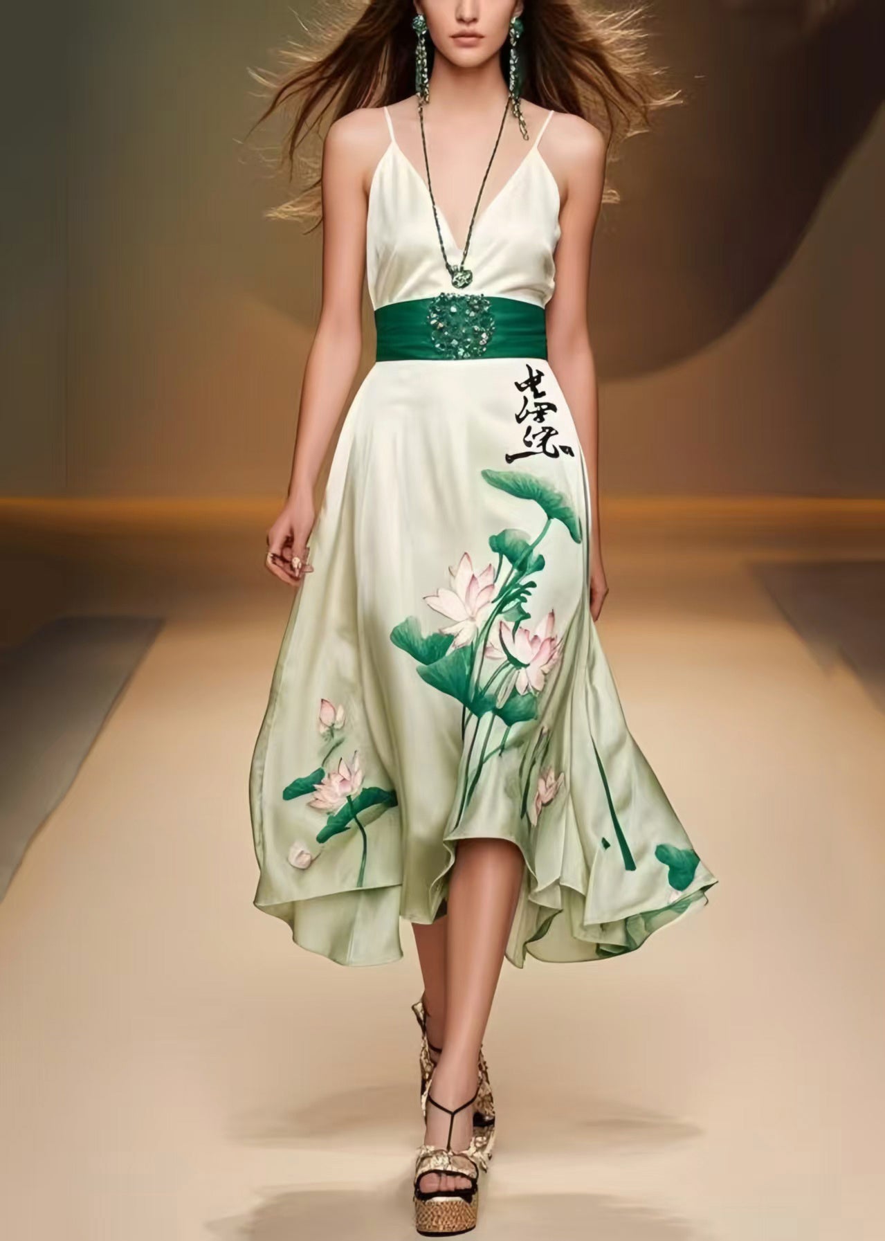 Women Green Cinched Lotus Leaf Print Silk Mini Dress Sleeveless