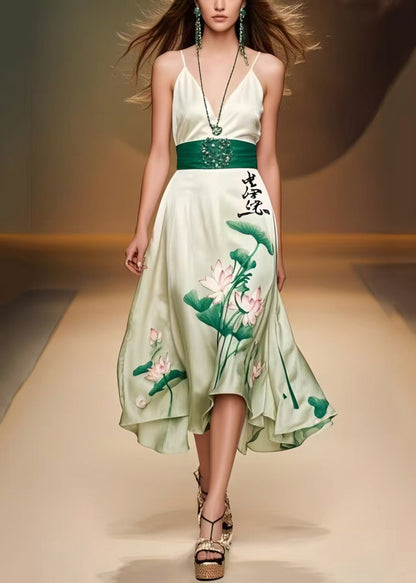 Women Green Cinched Lotus Leaf Print Silk Mini Dress Sleeveless