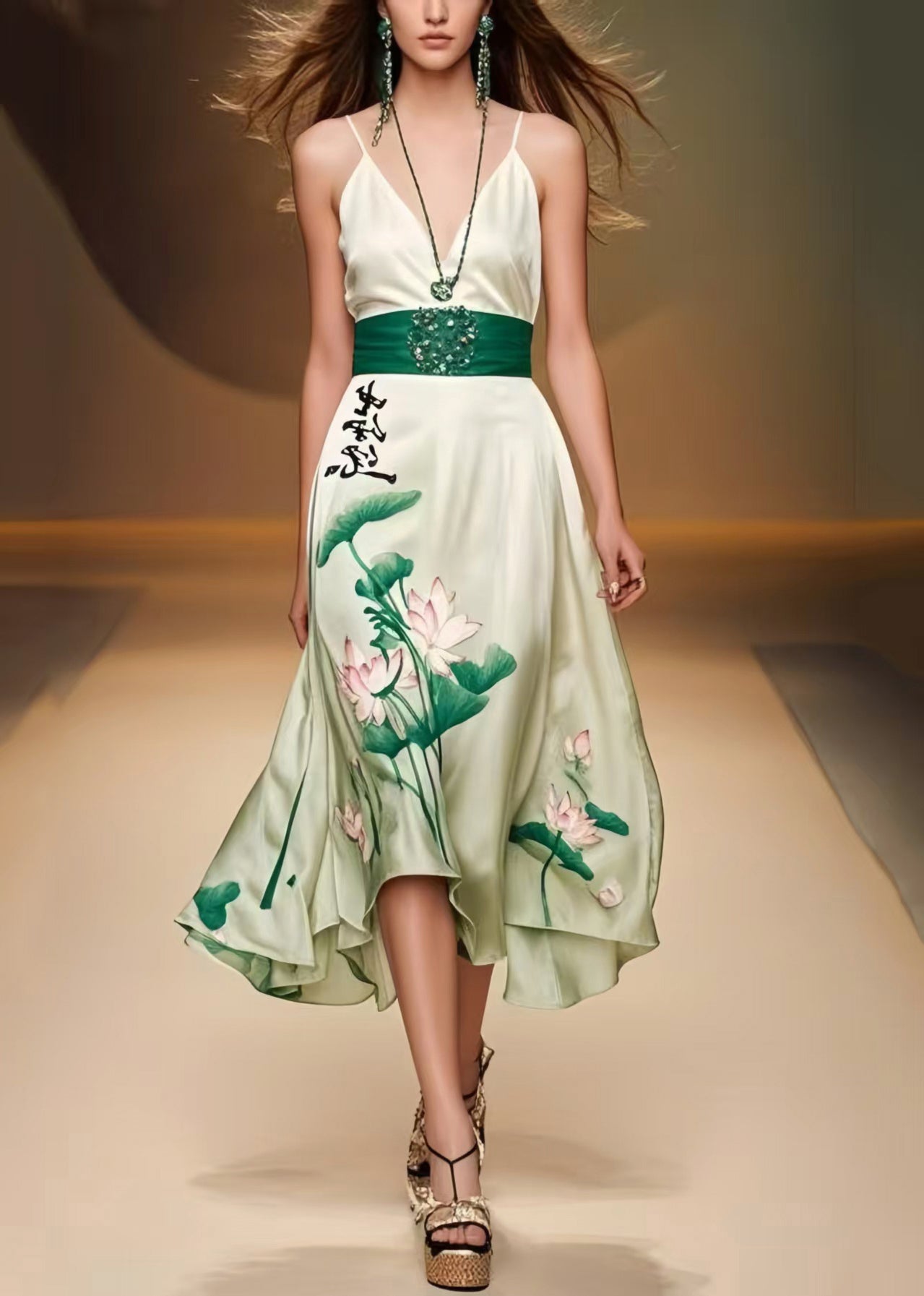 Women Green Cinched Lotus Leaf Print Silk Mini Dress Sleeveless