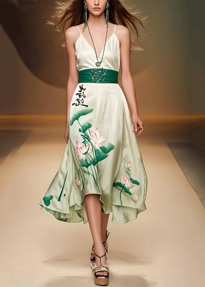 Women Green Cinched Lotus Leaf Print Silk Mini Dress Sleeveless