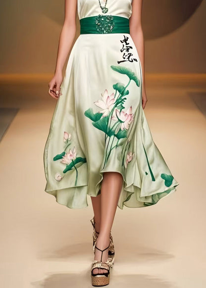 Women Green Cinched Lotus Leaf Print Silk Mini Dress Sleeveless