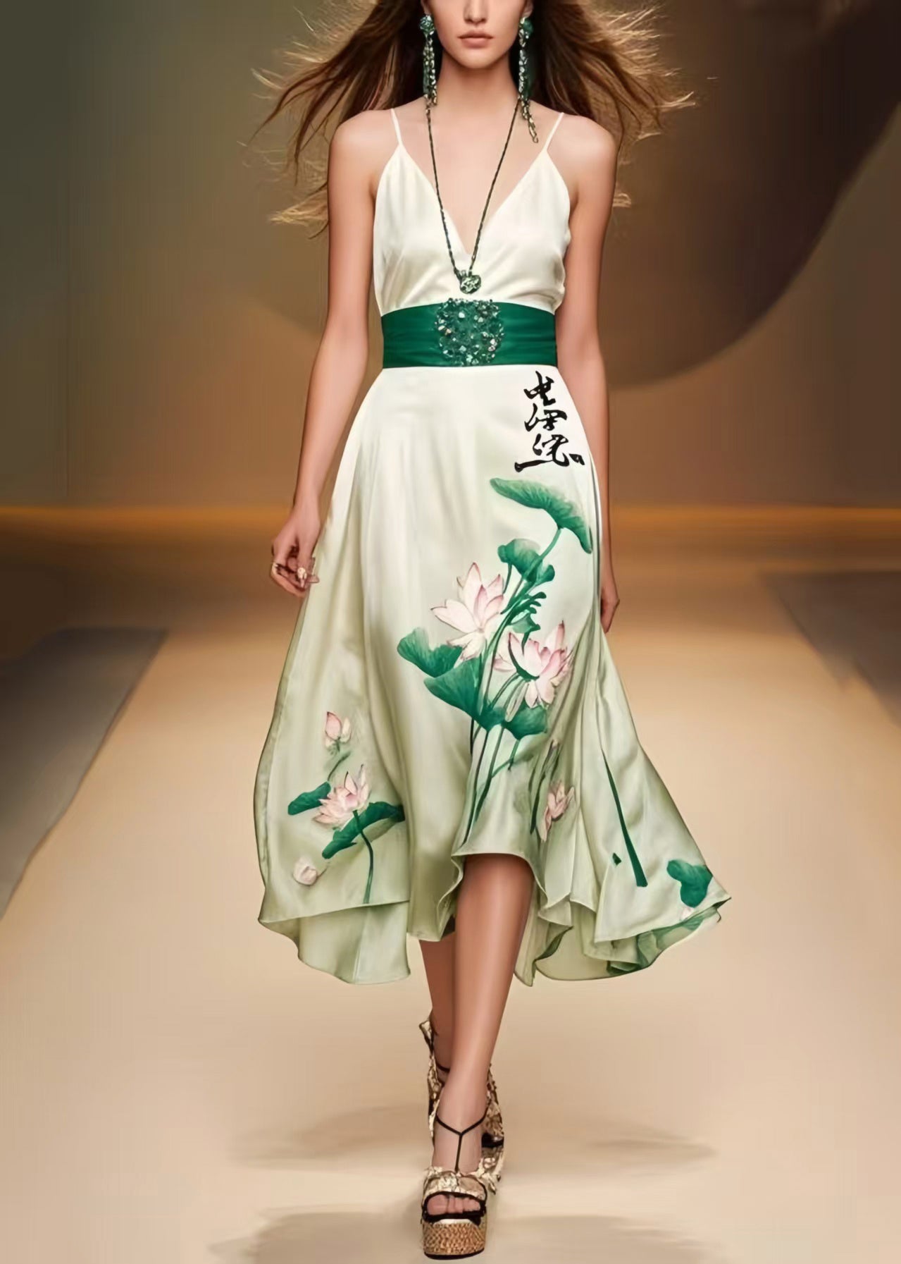 Women Green Cinched Lotus Leaf Print Silk Mini Dress Sleeveless