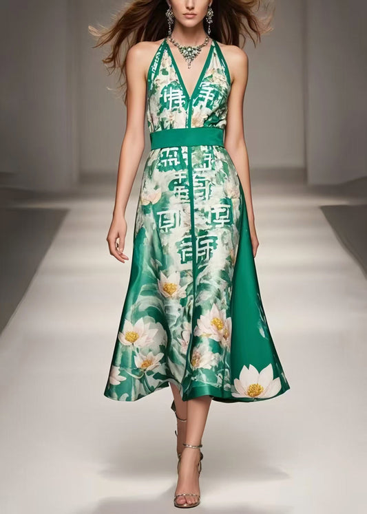 Women Green Cinched Print Silk Halter Dresses Summer