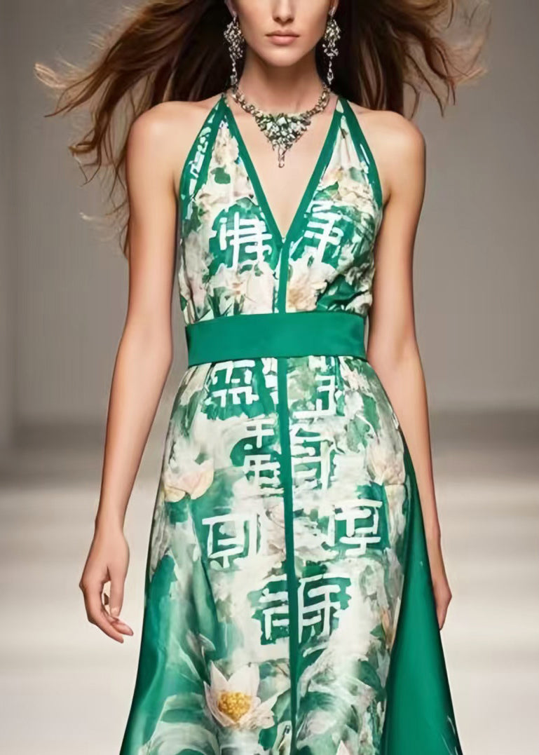 Women Green Cinched Print Silk Halter Dresses Summer