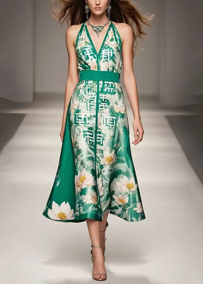 Women Green Cinched Print Silk Halter Dresses Summer