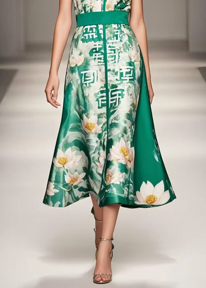 Women Green Cinched Print Silk Halter Dresses Summer