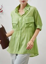 Load image into Gallery viewer, Women Green Cinched Silm Fit Cotton Blouse Top Summer