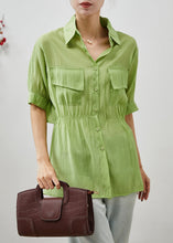 Load image into Gallery viewer, Women Green Cinched Silm Fit Cotton Blouse Top Summer
