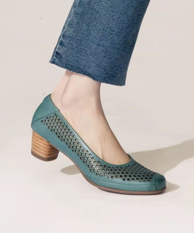 Women Green Cowhide Leather Chunky Hollow Out Sandals