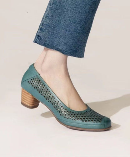 Women Green Cowhide Leather Chunky Hollow Out Sandals