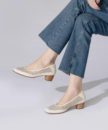 Women Green Cowhide Leather Chunky Hollow Out Sandals