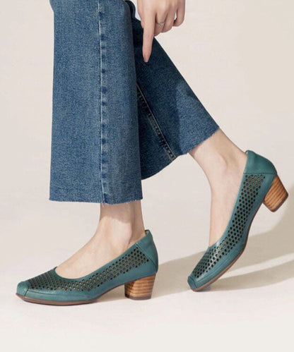 Women Green Cowhide Leather Chunky Hollow Out Sandals