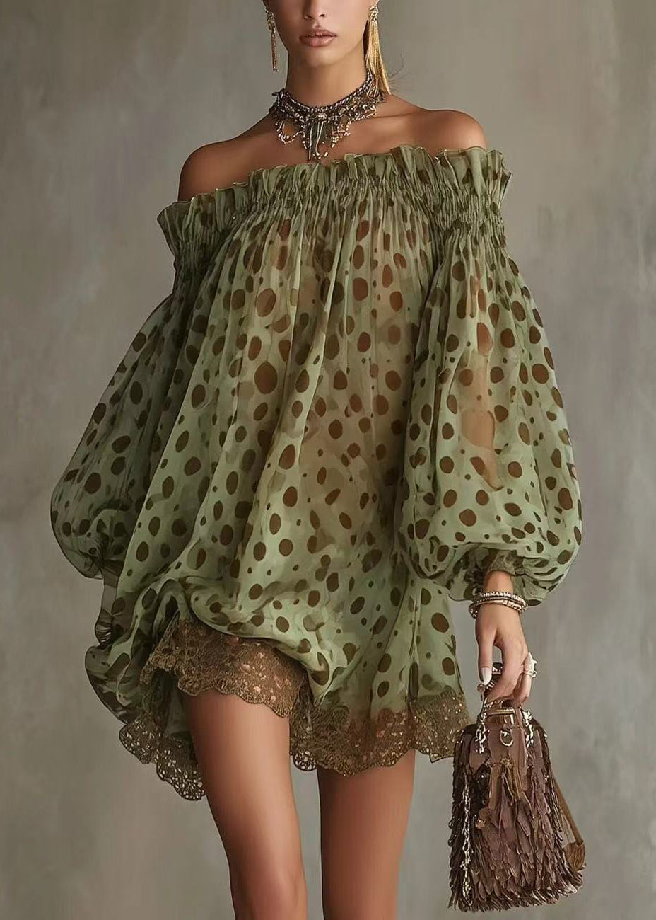 Women Green Dot Slash Neck Patchwork Lace Mini Dress Summer