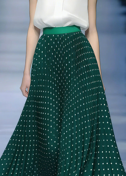Women Green Elastic Waist Dot A Line Skirt Spring
