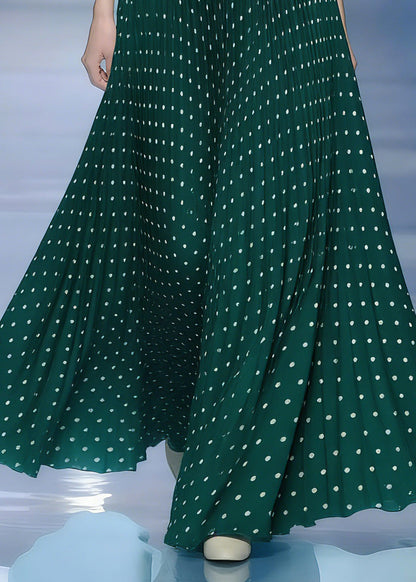 Women Green Elastic Waist Dot A Line Skirt Spring