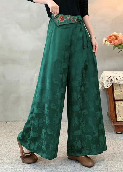 Women Green Embroidered Silk Wide Leg Pants Spring