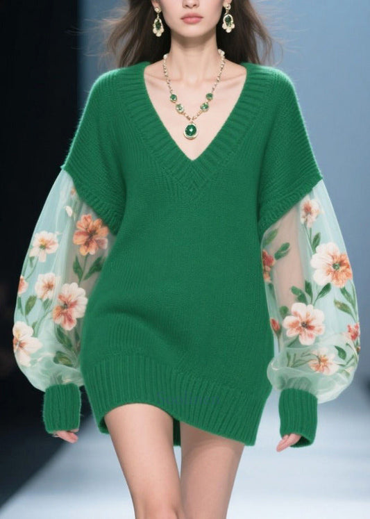 Women Green Flower Print Patchwork Tulle Knitted Dress Winter