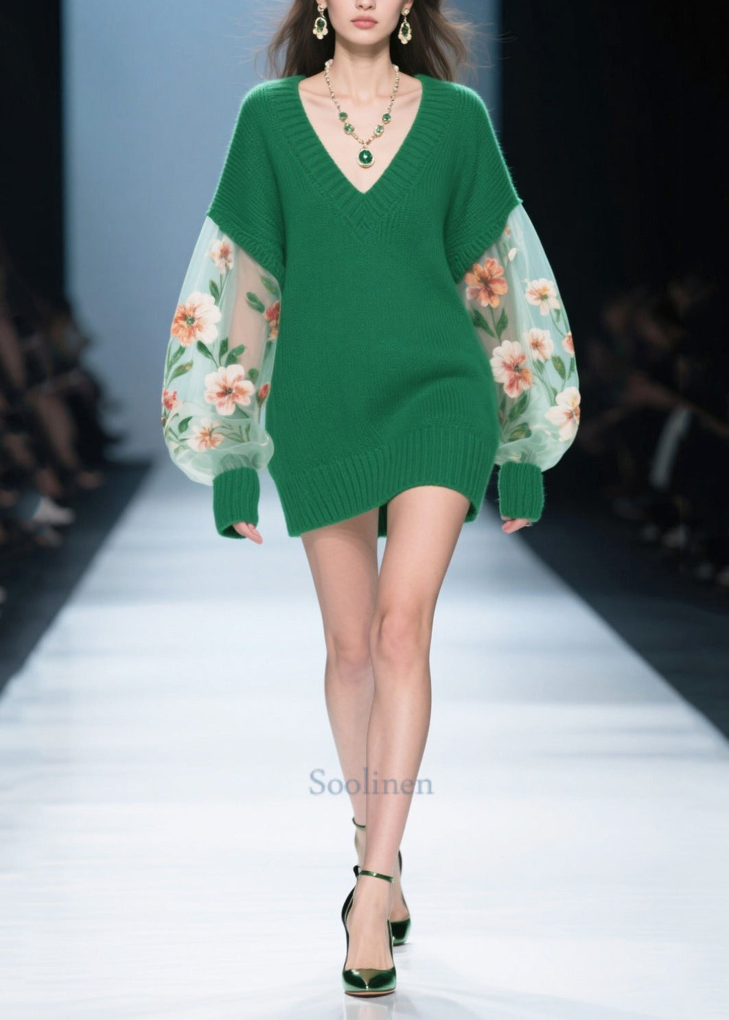 Women Green Flower Print Patchwork Tulle Knitted Dress Winter