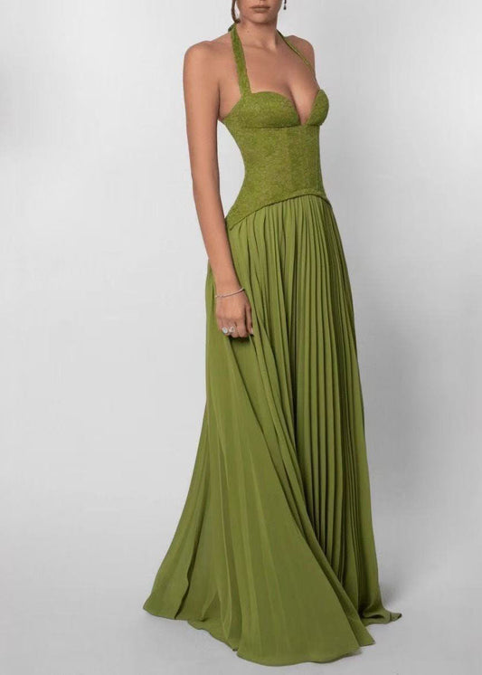 Women Green Halter Backless Cross Strap Wrinkled Long Dresses Sleeveless
