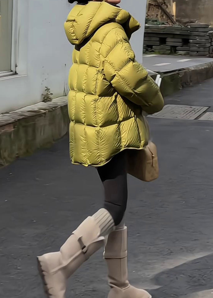 Women Green Hooded Zippered Drawstring Duck Down Down Coat Winter