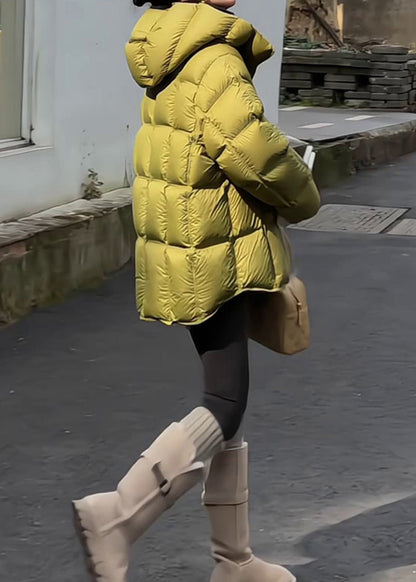 Women Green Hooded Zippered Drawstring Duck Down Down Coat Winter